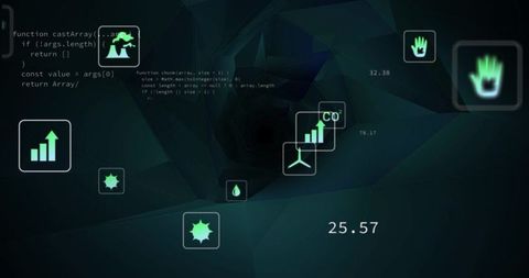 Neon Data HUD Floating Tiles Over Teal Tunnel UI Showing Growth Chart Wind CO2 Metrics