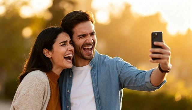 Couple laughing and taking selfie with animated hearts on phone at golden hour in park