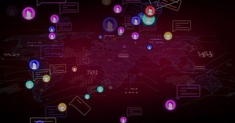 Digital global network interface with user avatars and speech bubbles