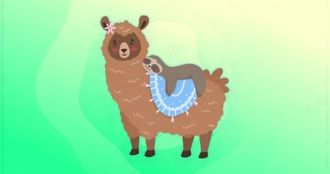 Whimsical llama with sleepy sloth on blanket