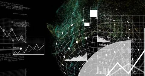 Rotating Wireframe Data Globe Over Digital Dashboard Nodes, Line Charts and Analytics