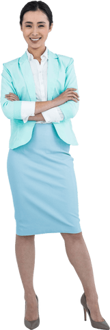 Transparent Confident Businesswoman in Light Blue Suit Standing