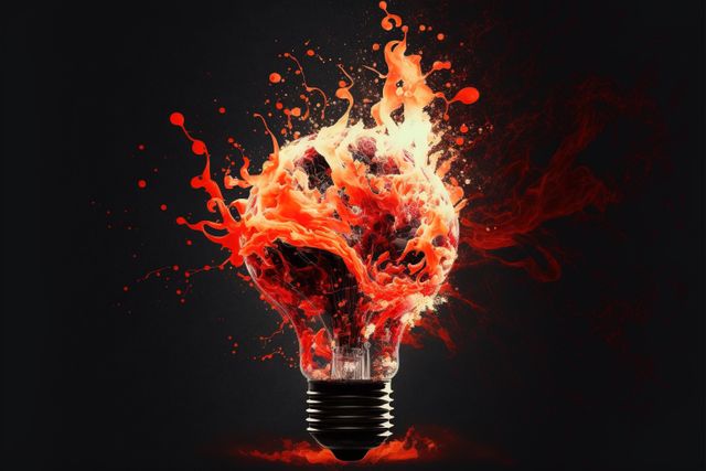 This image depicts a light bulb bursting with a fiery explosion, symbolizing a burst of creativity and energy. The dark background contrasts with the bright, fiery element, emphasizing the dynamic and powerful essence of the concept. Useful for illustrating ideas related to innovation, brainstorm, breakthrough, technology, and vivid visual expressions in presentations, advertisements, and artistic projects.