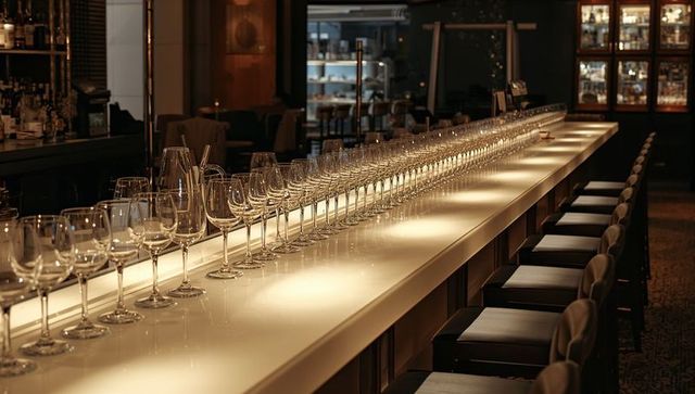 Backlit Hotel Bar Counter Lining Rows of Crystal Wine Glasses with Soft Leather Stools