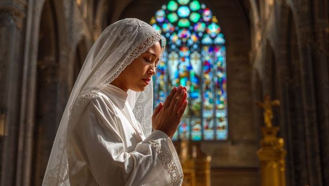 Woman praying in cathedral with stained glass window