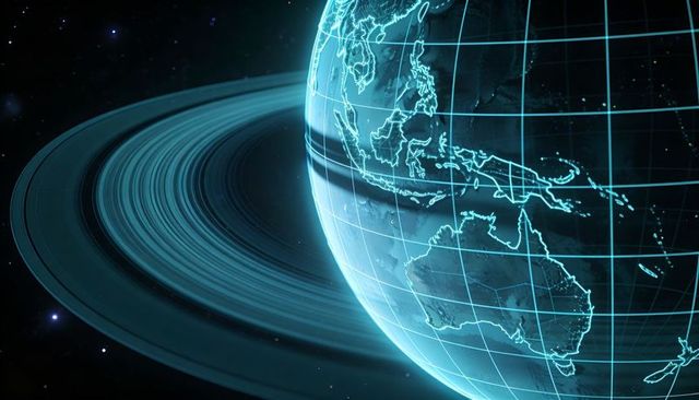 Futuristic holographic earth with glowing rings and gridlines over pacific-australia region