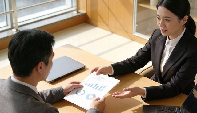 Colleagues reviewing financial charts and reports during daytime office meeting by window