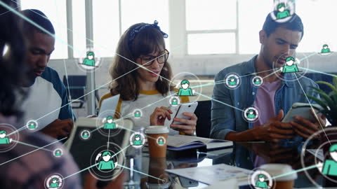 Diverse Team Engaging with Digital Connections in Modern Office