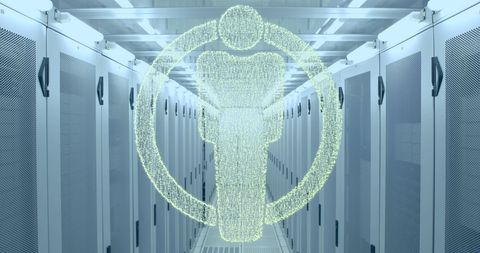 Digital human icon over servers representing data processing technology