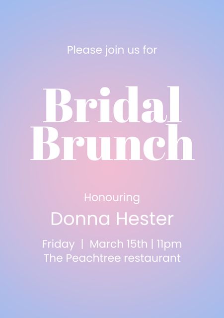 Bridal brunch invitation featuring a pastel gradient background and crisp white typography. Perfect for announcing and celebrating a special bridal brunch event. Ideal for bridal showers, wedding-related gatherings, and feminine-themed parties. Editable template allows for customization of details such as date, time, and venue.