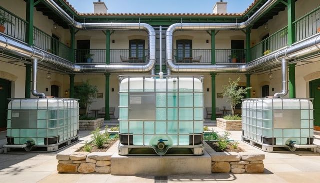 Industrial water storage ibc tanks with stainless steel ductwork in sunlit courtyard