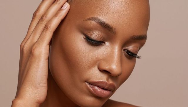 Model touching temple while showcasing radiant skin, natural makeup and soft glow