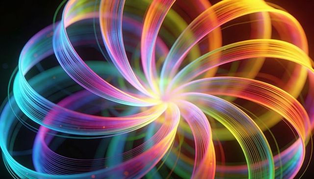 Neon Spiral Pinwheel of Glowing Striated Ribbons, Multicolor Motion Energy Background