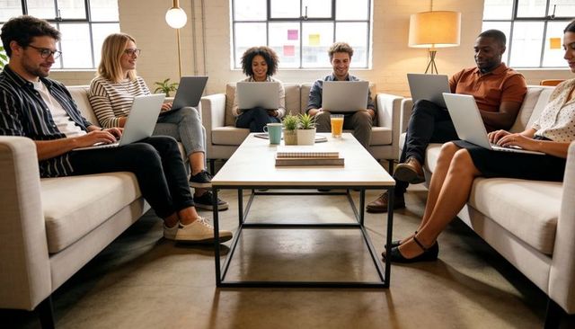 Collaborating team working on laptops in modern office lounge around coffee table for coworking
