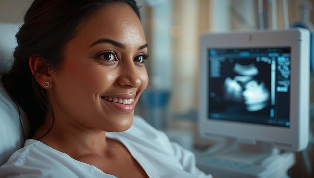 Expectant mother relaxing viewing her ultrasound at hospital