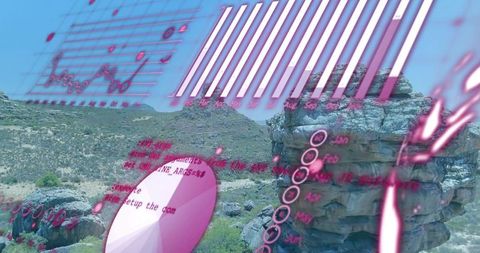Augmented desert landscape with pink data overlays showing charts and rock outcrop