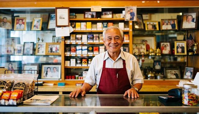 Smiling senior shopkeeper in maroon apron behind glass counter in warm family-owned store