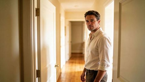 Man standing in sunlit hallway looking thoughtful home interior lifestyle portrait