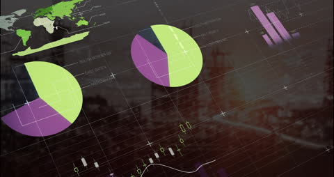 Animation of Data Analytics and Charts Overlaying Cityscape