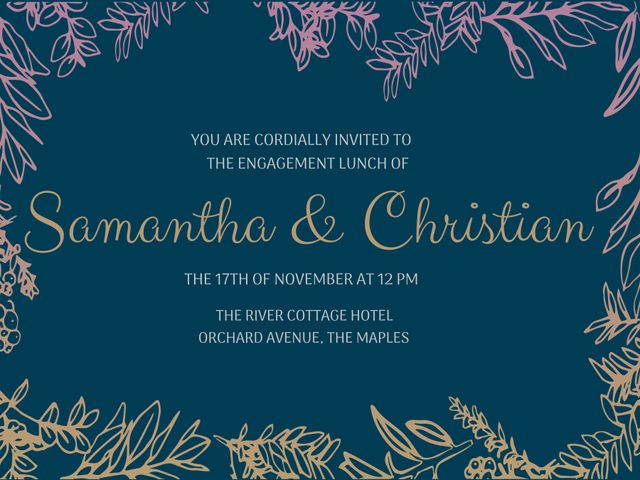 This elegant botanical-themed invitation in blue and gold is perfect for engagement luncheons and anniversary celebrations. Featuring ornate floral designs, it brings a formal and decorative touch to any event announcement. Ideal for creating classy and stylish invitations suitable for weddings, anniversaries, and festive gatherings.
