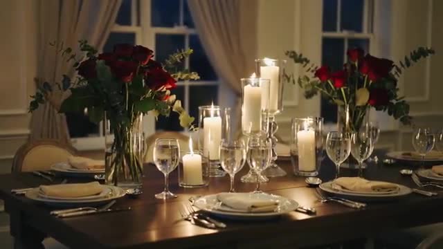 Romantic Candlelit Dinner Table Setting with Roses