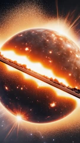 Glowing Ring Slicing Molten Planet While Debris Halo Forms | Vertical Cosmic Destruction