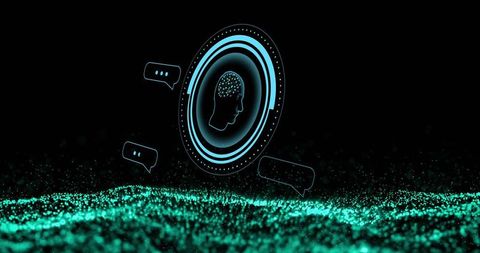 Glowing holographic ai interface hovering over digital data sea with chat bubbles