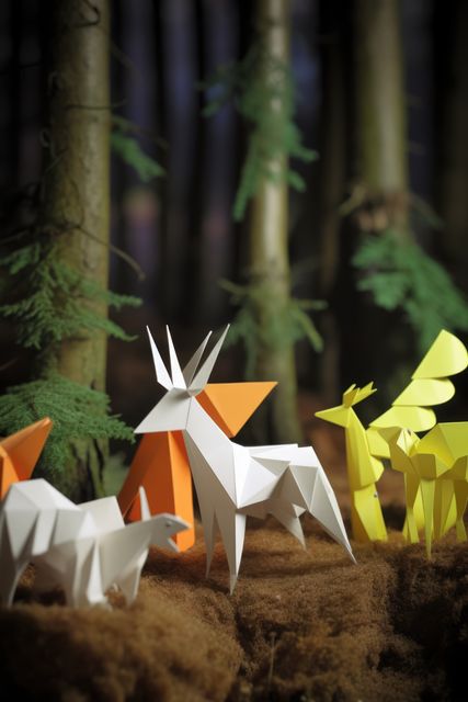 Origami forest and woodland animals in summer, created using generative ai technology. Nature, seasons, wildlife and paper craft concept digitally generated image.