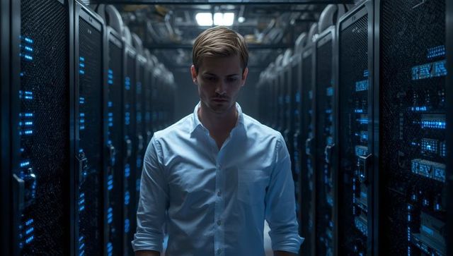 IT Technician Walking in Modern Data Center Aisle