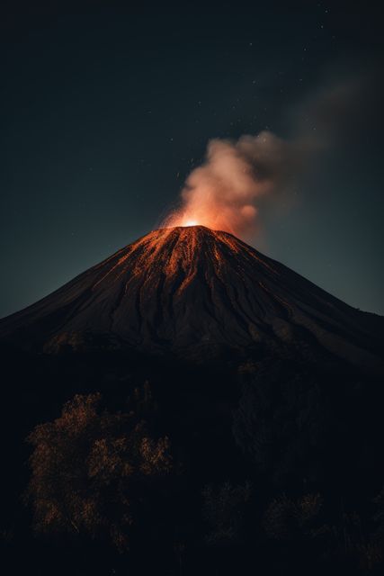 Dramatic depiction of a volcano erupting at night with glowing lava flowing down the mountain and smoke billowing into the dark sky. Suitable for use in educational materials, nature documentaries, geology presentations, disaster awareness campaigns, and travel brochures highlighting natural wonders.