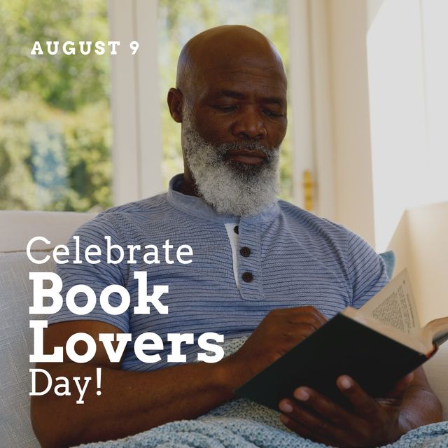 African american mature man reading book at home and august 9 with celebrate book lovers day text. digital composite, hobby, learning, knowledge, bibliophilia, literature and celebration concept.