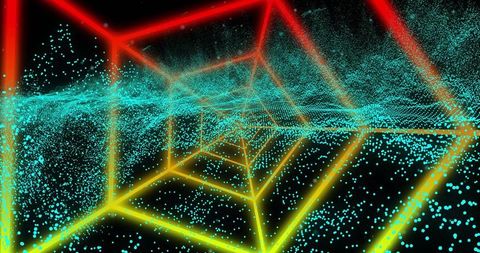 Pulsing neon wireframe tunnel with teal particle wave receding into futuristic cyberspace
