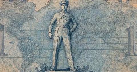 Statue of Soldier in Uniform on Banknote with World Map
