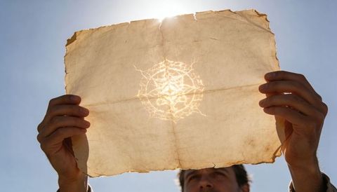 Backlit ancient parchment with glowing sigil held to sun, hands revealing mystic glyph