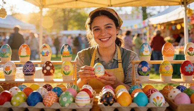 Smiling artisan vendor presenting hand-painted Easter eggs at colorful outdoor market