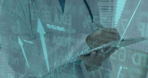 Doctor Analyzing Data with Financial Chart Overlays