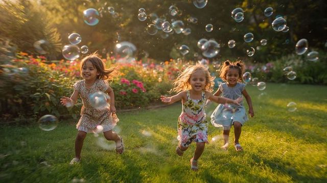 Three girls chasing soap bubbles through sunlit flower garden at golden hour joyful play