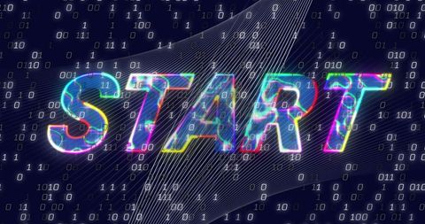 Binary code background with vibrant start text