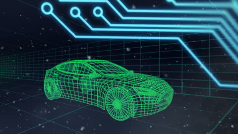 Futuristic Wireframe Car with Digital Circuit Gridlines