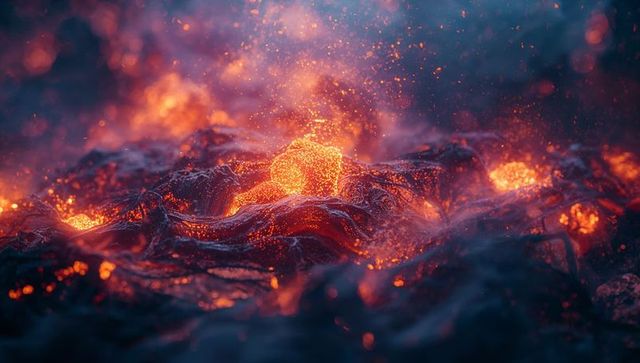 Molten lava flowing over volcanic crust emitting glowing embers