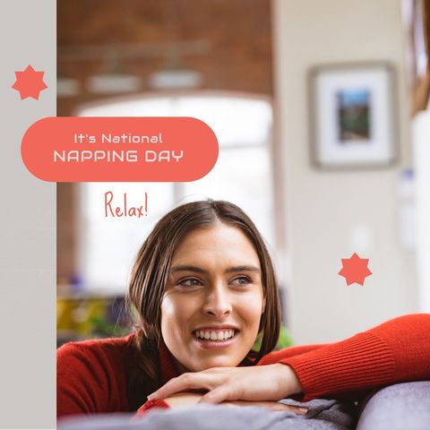 Smiling woman celebrating national napping day indoors