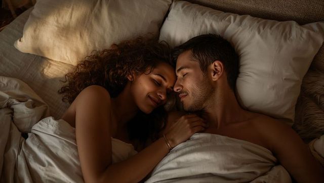 Couple cuddling in bed at dawn evoking warm intimacy and tender morning romance