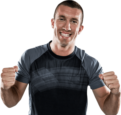 Happy Rugby Player Celebrating Success with Fists Raised