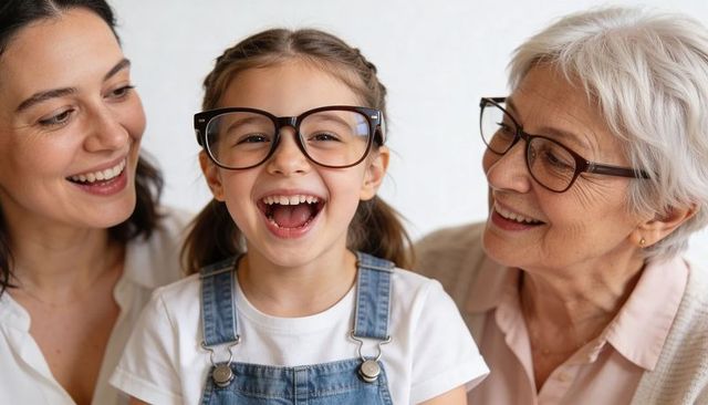 Three-generation family laughing child wearing oversized glasses with mom and grandma