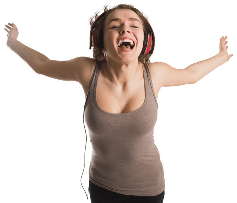 Joyful Woman Jumping with Headphones on Transparent Background