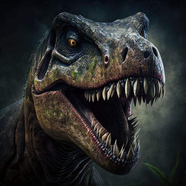 Detailed depiction of ferocious T-Rex roaring with mouth wide open, revealing sharp teeth in dark, misty jungle. Useful for education, film posters, dinosaur-related merchandise, learning materials, museum exhibits, and prehistoric-themed decor.