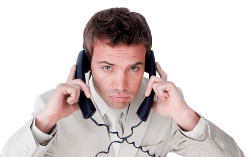 Confident businessman managing two phone calls transparently