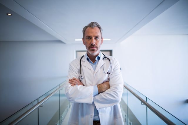 This image depicts a confident doctor standing with arms crossed in a hospital corridor. Ideal for use in healthcare-related articles, medical websites, hospital brochures, and promotional materials for healthcare services. It conveys professionalism, expertise, and confidence in the medical field.