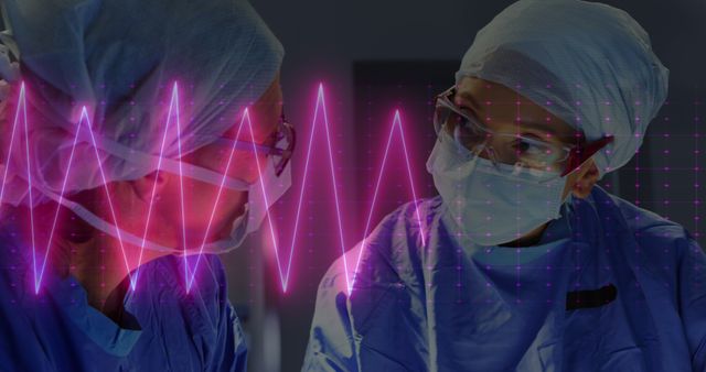 This image depicts two female surgeons in an operating room, intently communicating and focusing on a surgical procedure. In the foreground, an ECG graph is superimposed, emphasizing the critical and high-tech nature of their work. Suitable for use in healthcare campaigns, medical articles, or educational materials highlighting modern medical practices, teamwork in healthcare, and the presence of women in the medical field.