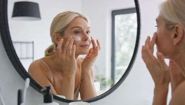 Mature woman applying facial cream at minimalist vanity with round mirror, skincare routine